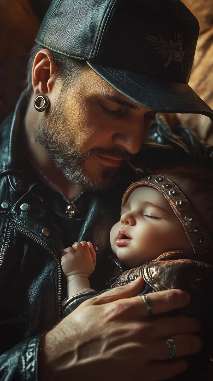 Père rockstar berçant sa fille nouveau-née à l’heure dorée