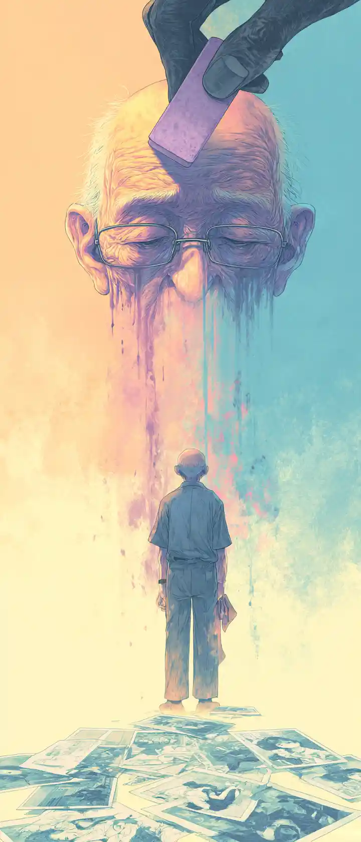 Elderly man erased by giant pastel eraser in surreal scene