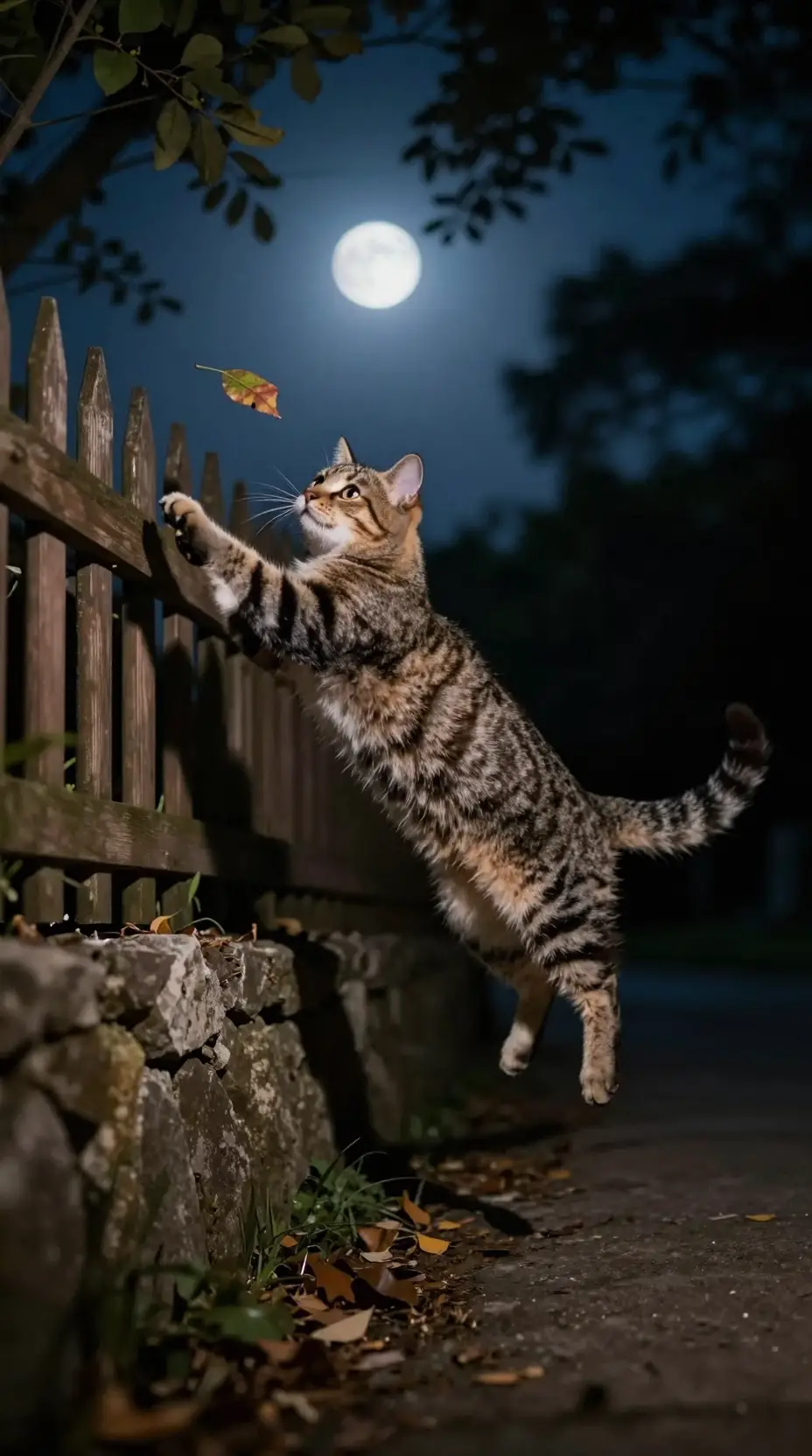 Gatto tigrato giocherellone che salta tra la staccionata e il muro di pietra di notte