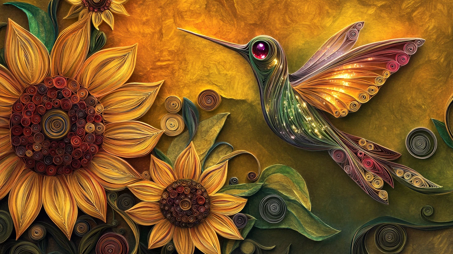 Colibrì fantasioso in paper quilling accanto a girasoli in fiore