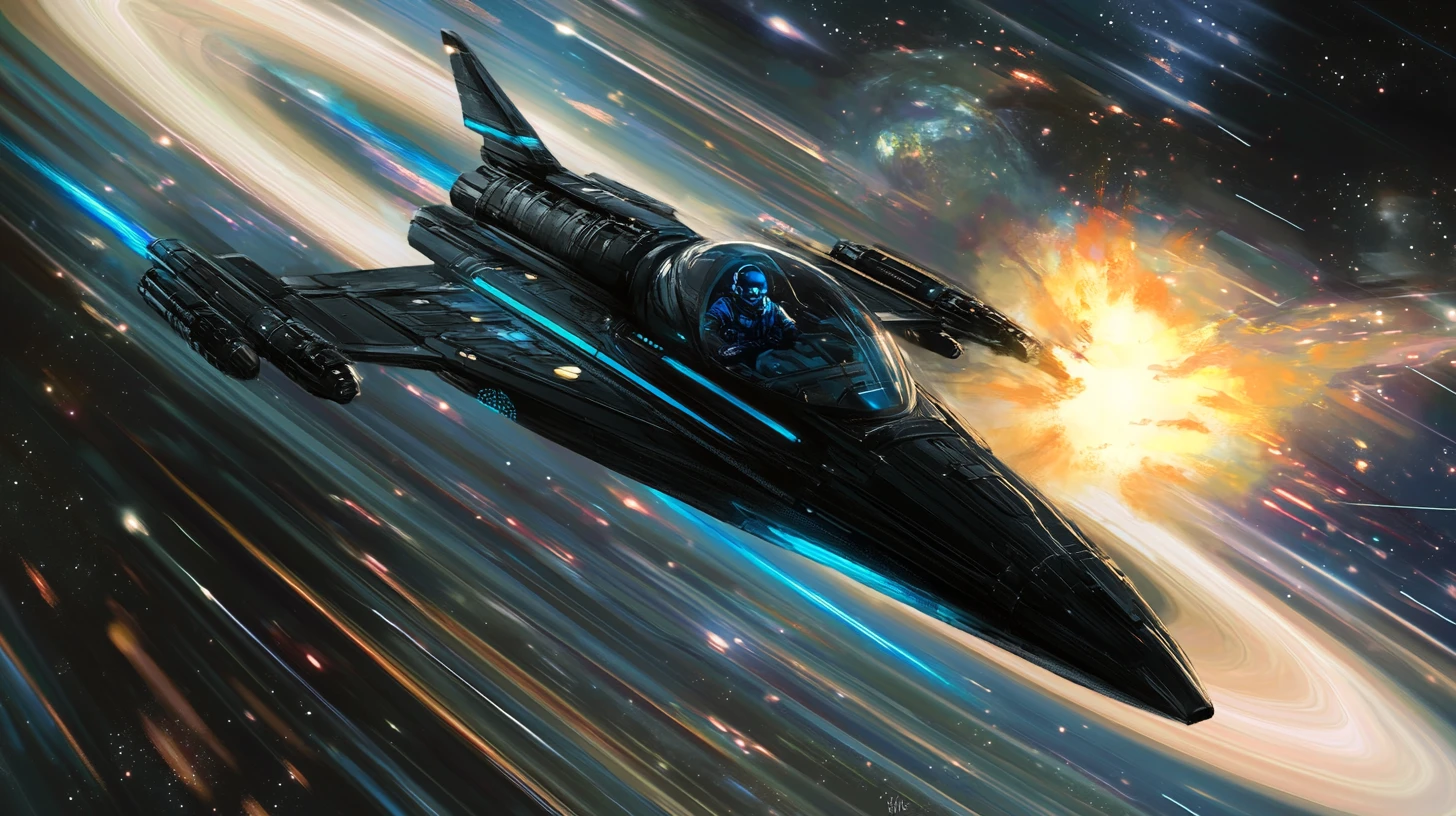 黑色太空戰機在戰鬥中飛掠外星無畏艦