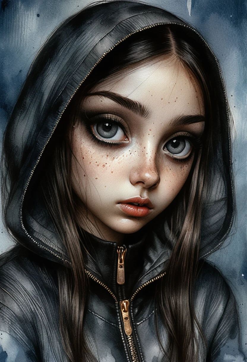 Monochrome graphite portrait of a mysterious girl in a hood