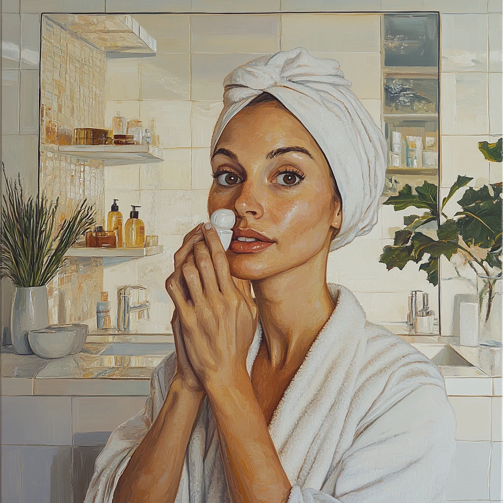 Donna che applica la crema viso davanti allo specchio di un bagno moderno