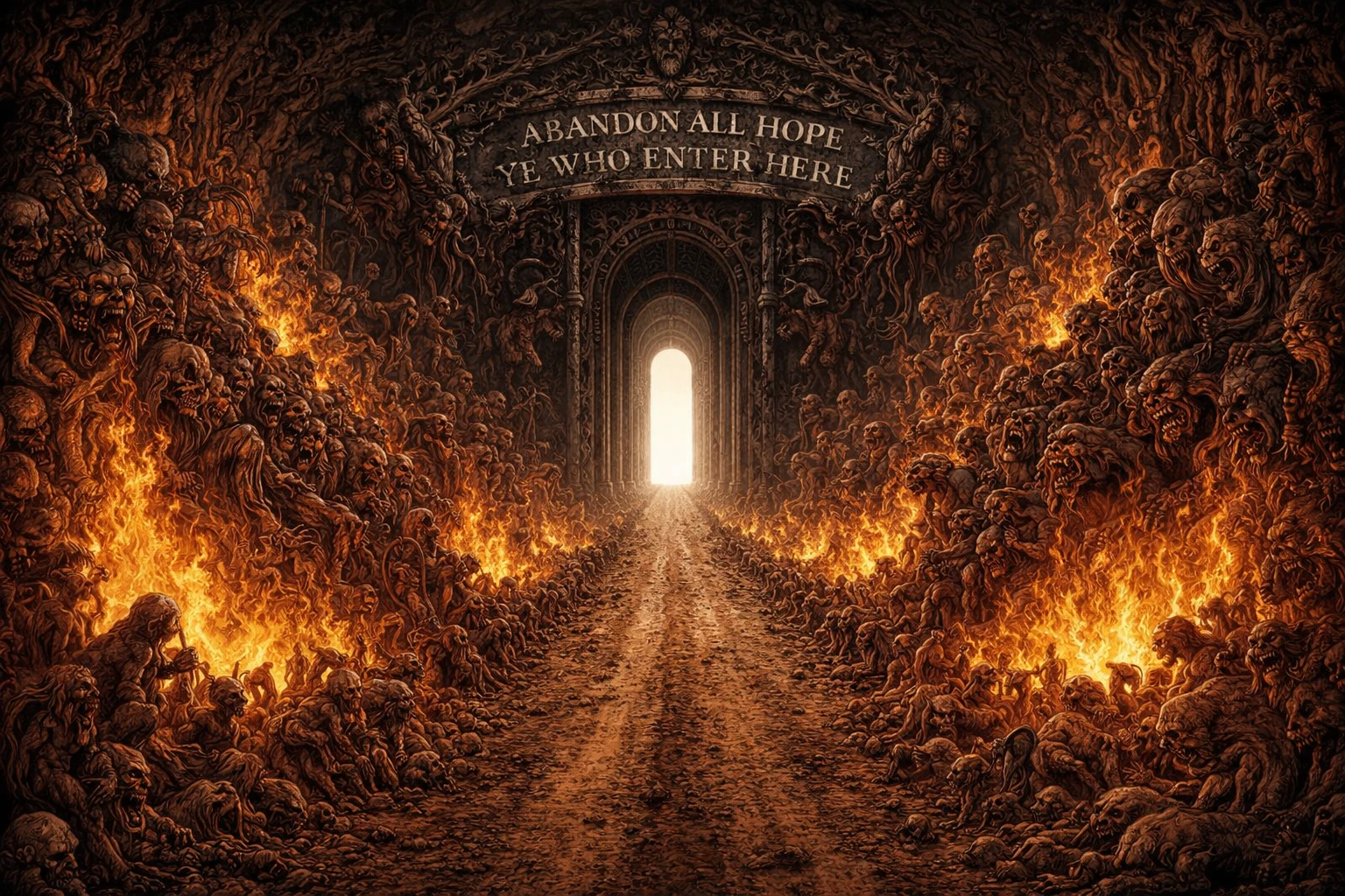 Estrada de terra surreal com criaturas estranhas e tormento em chamas