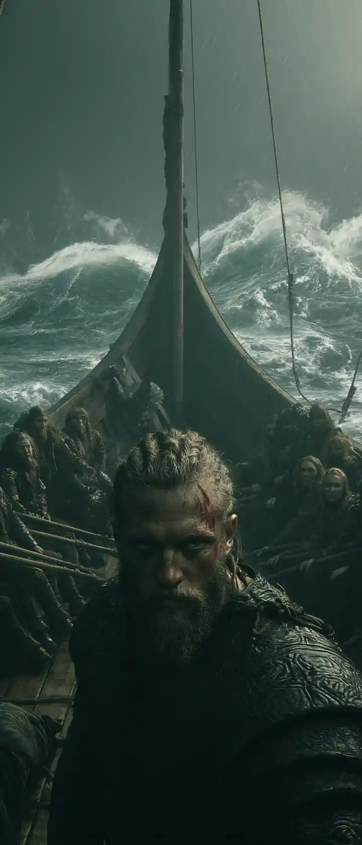 Viking king leading his ship through a raging storm