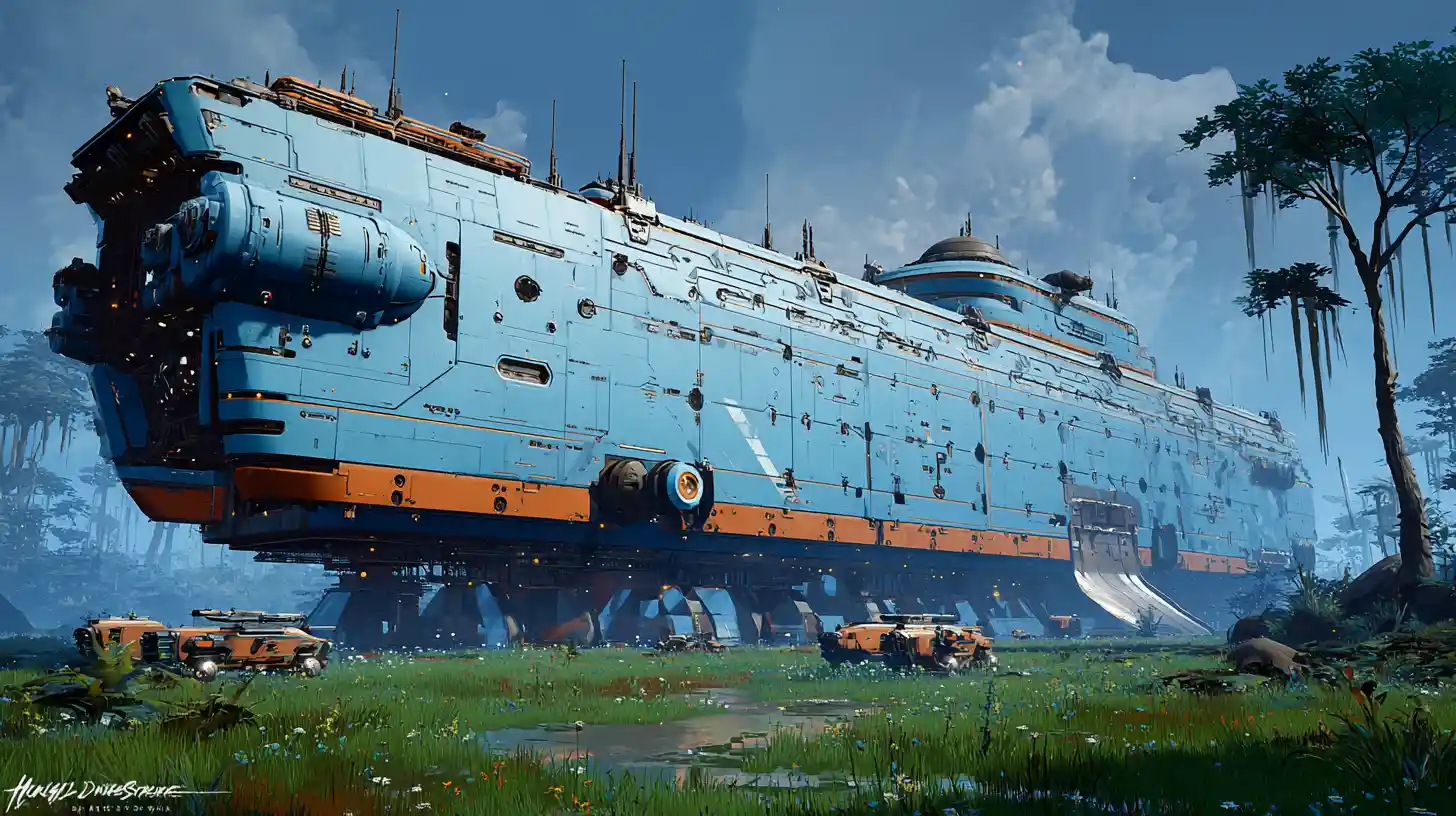 Enorme astronave cargo futuristica atterrata su una prateria aliena