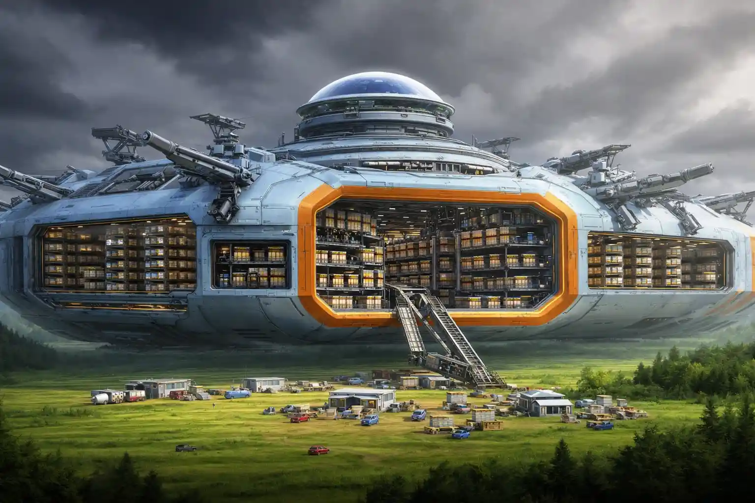 Massive cargo spaceship landed on lush alien grassland