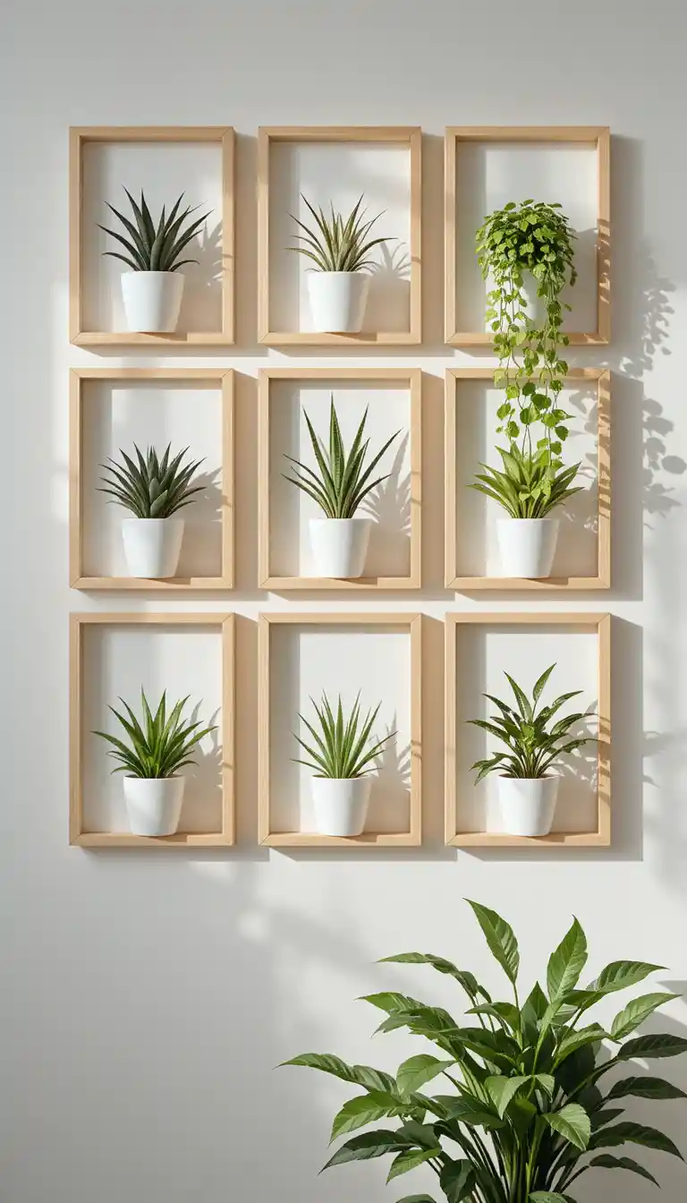 Galleria da parete scandinava con piante da interno incorniciate alla luce naturale