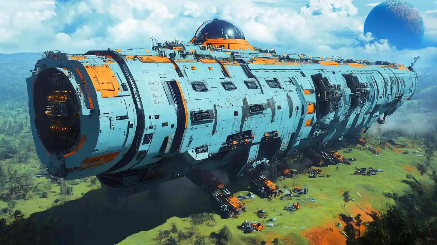 Gigantic cargo spaceship landed on a lush green planet
