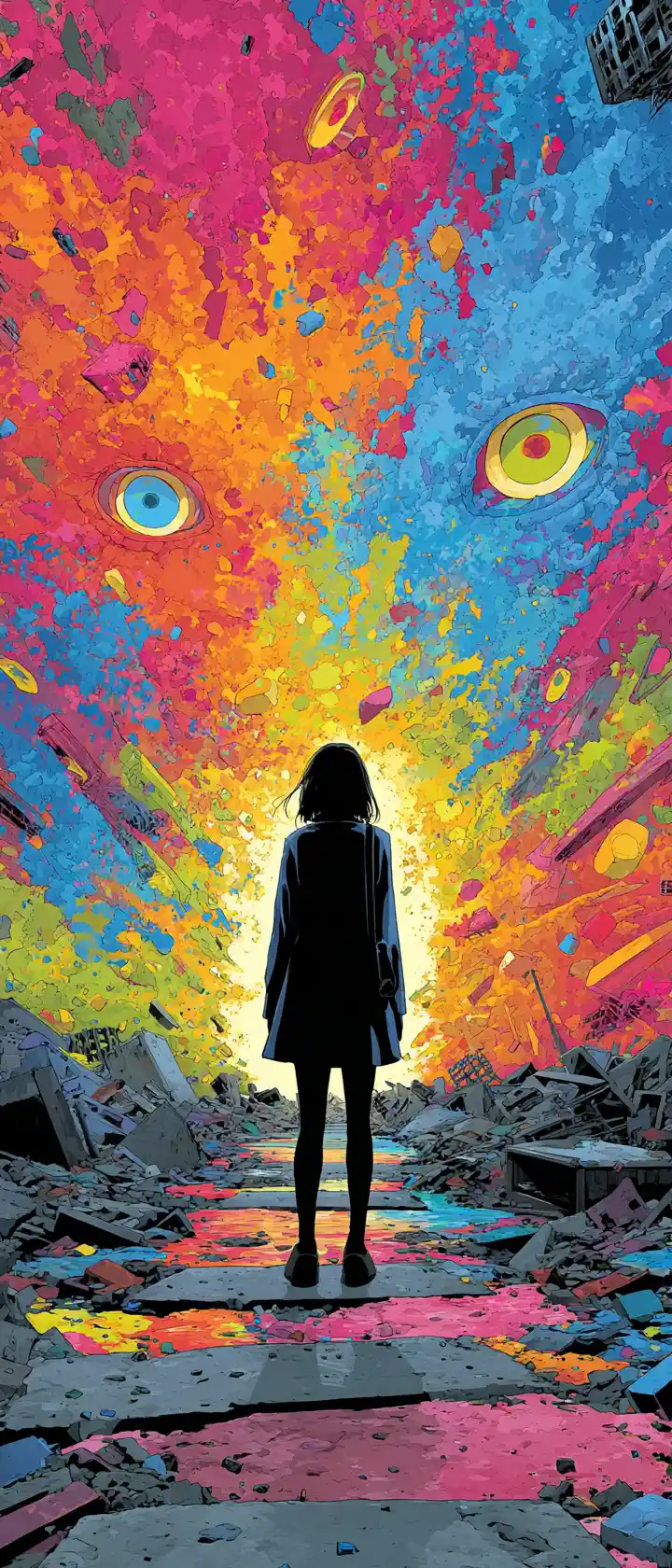 Anime girl standing calm in a collapsing abstract reality