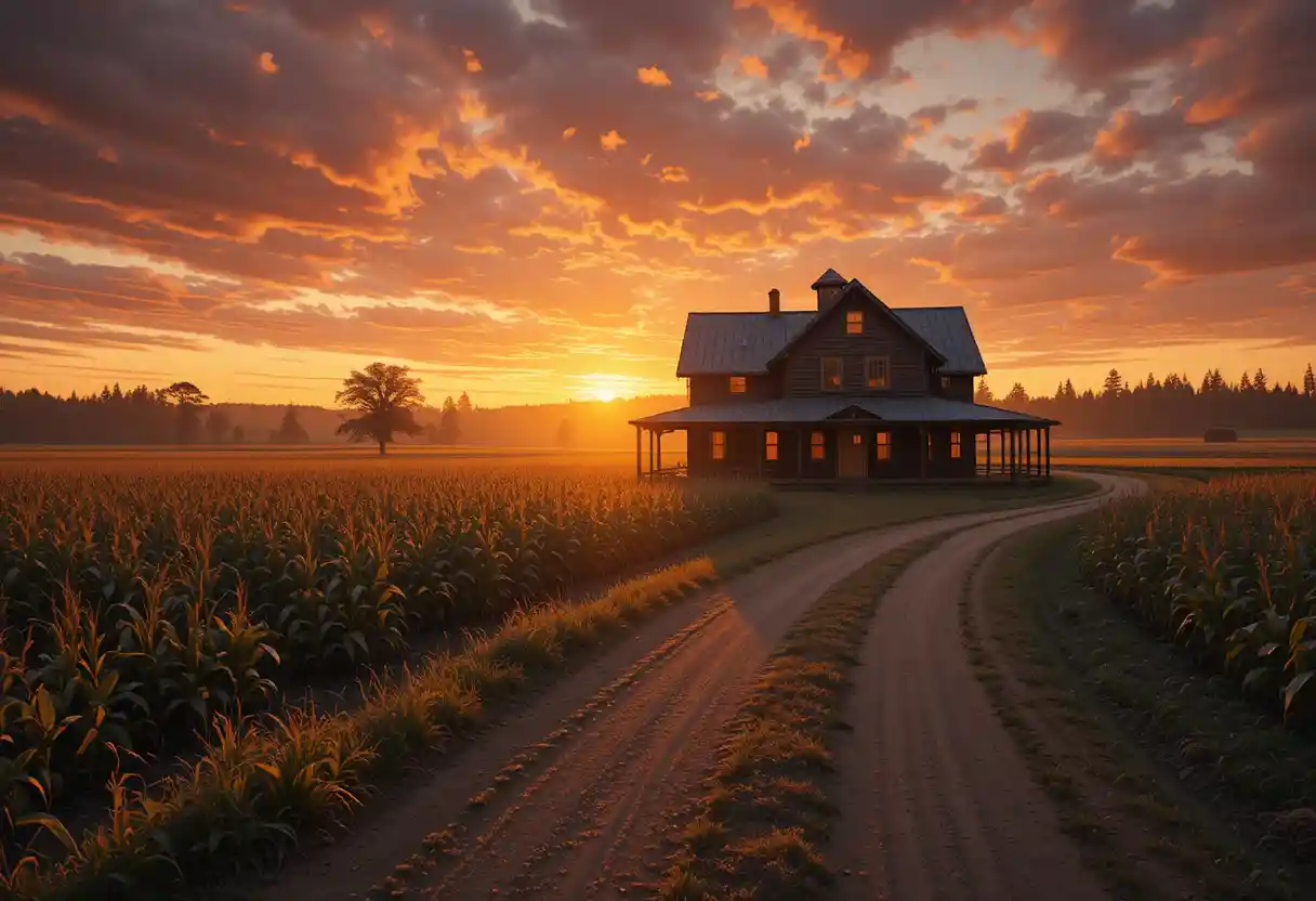 Goldene Stunde: Farmhaus an einer ruhigen Landstraße in Washington