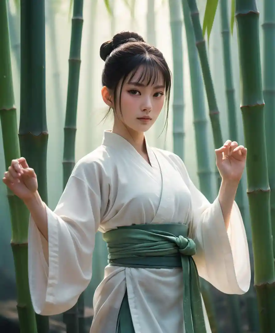 Gelassene Xianxia-Frau in weißer Seide in Tai-Chi-Pose