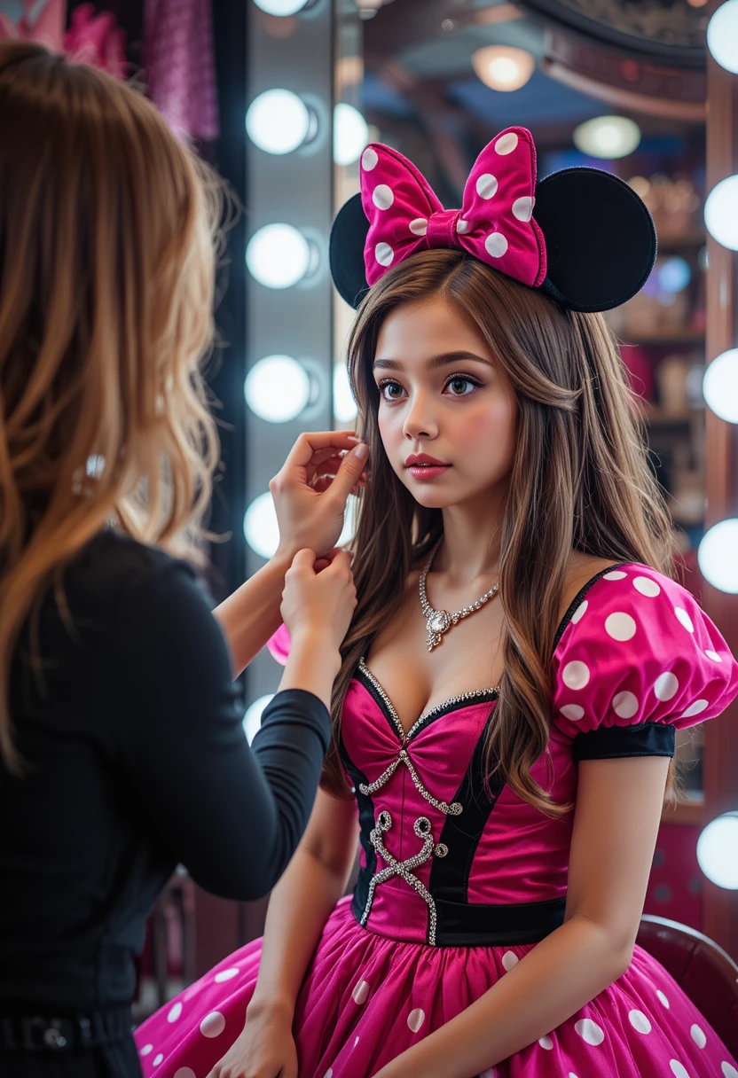 Giovane ragazzo in abito di Minnie truccato nel retrobottega di una boutique