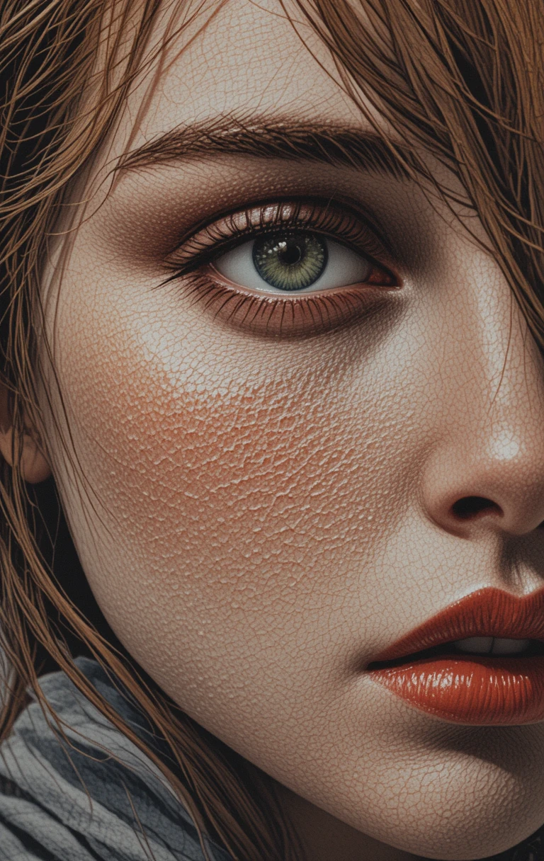 Close up color pencil portrait of a sensitive girl