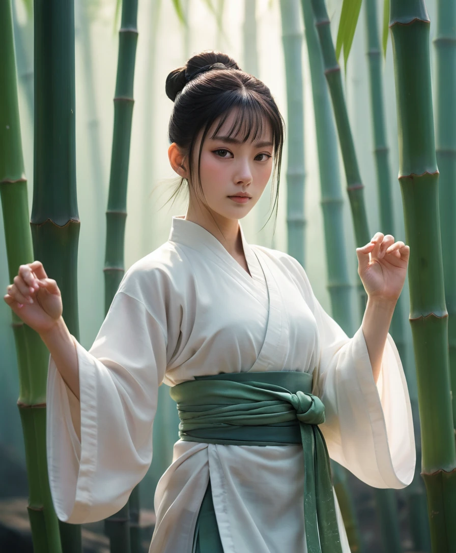 Mujer serena de estilo Xianxia en seda blanca en pose de tai chi