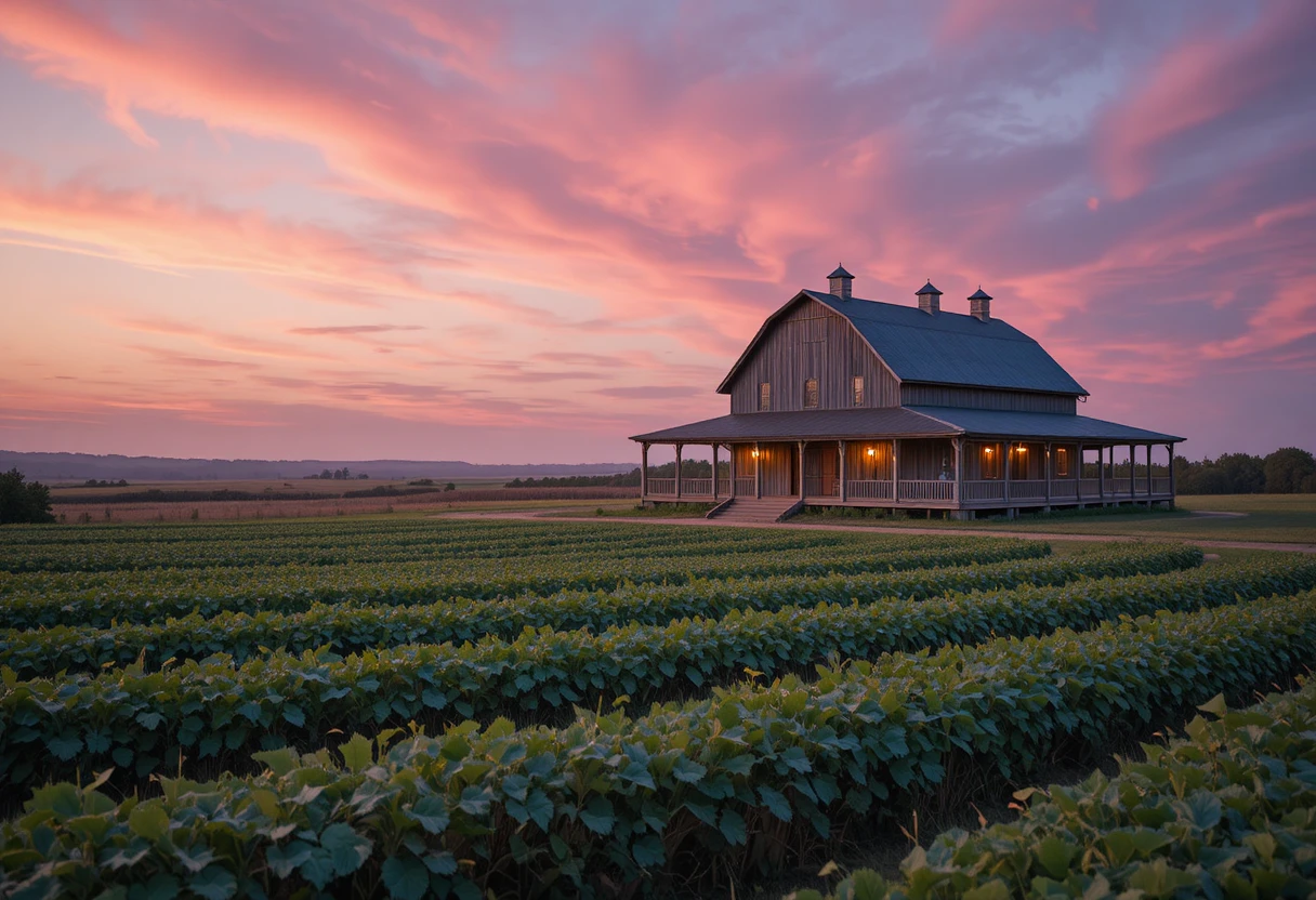 Bauernhaus und Scheune im Goldenen Stunde-Licht auf einem friedlichen Küstenfeld