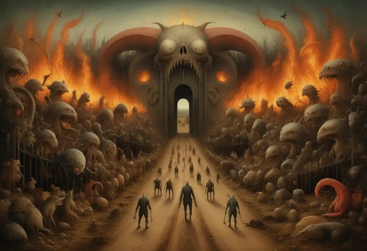 Surreal dirt road of flames with bizarre watching creatures