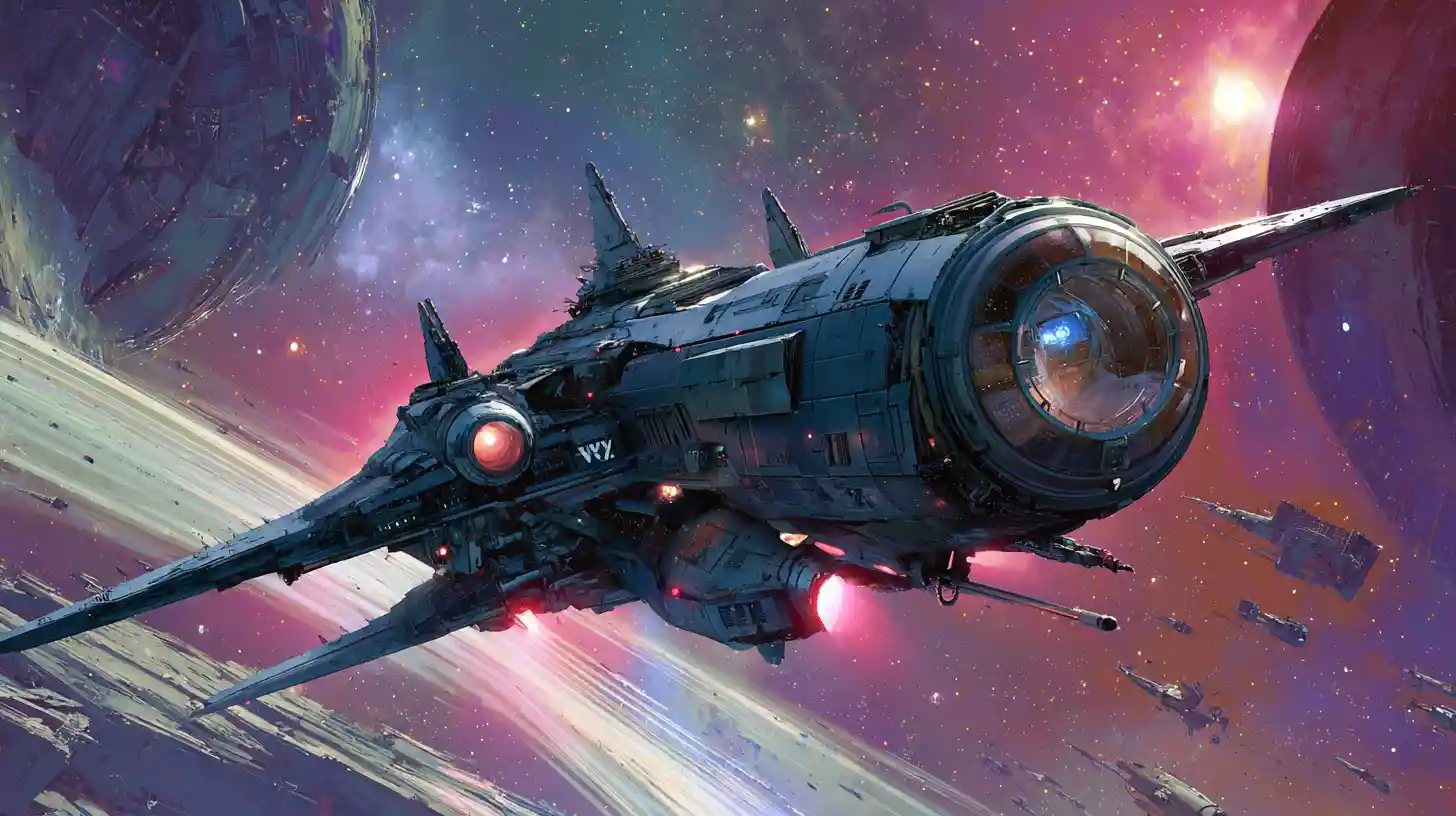Black space fighter attacking alien dreadnought in deep space