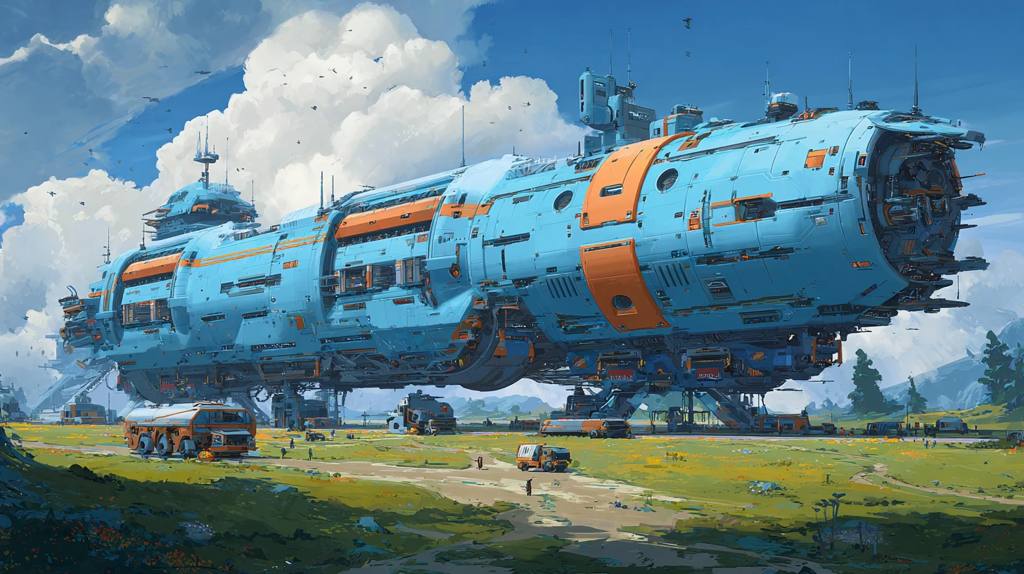 Vaste vaisseau cargo de science-fiction posé sur un monde alien luxuriant