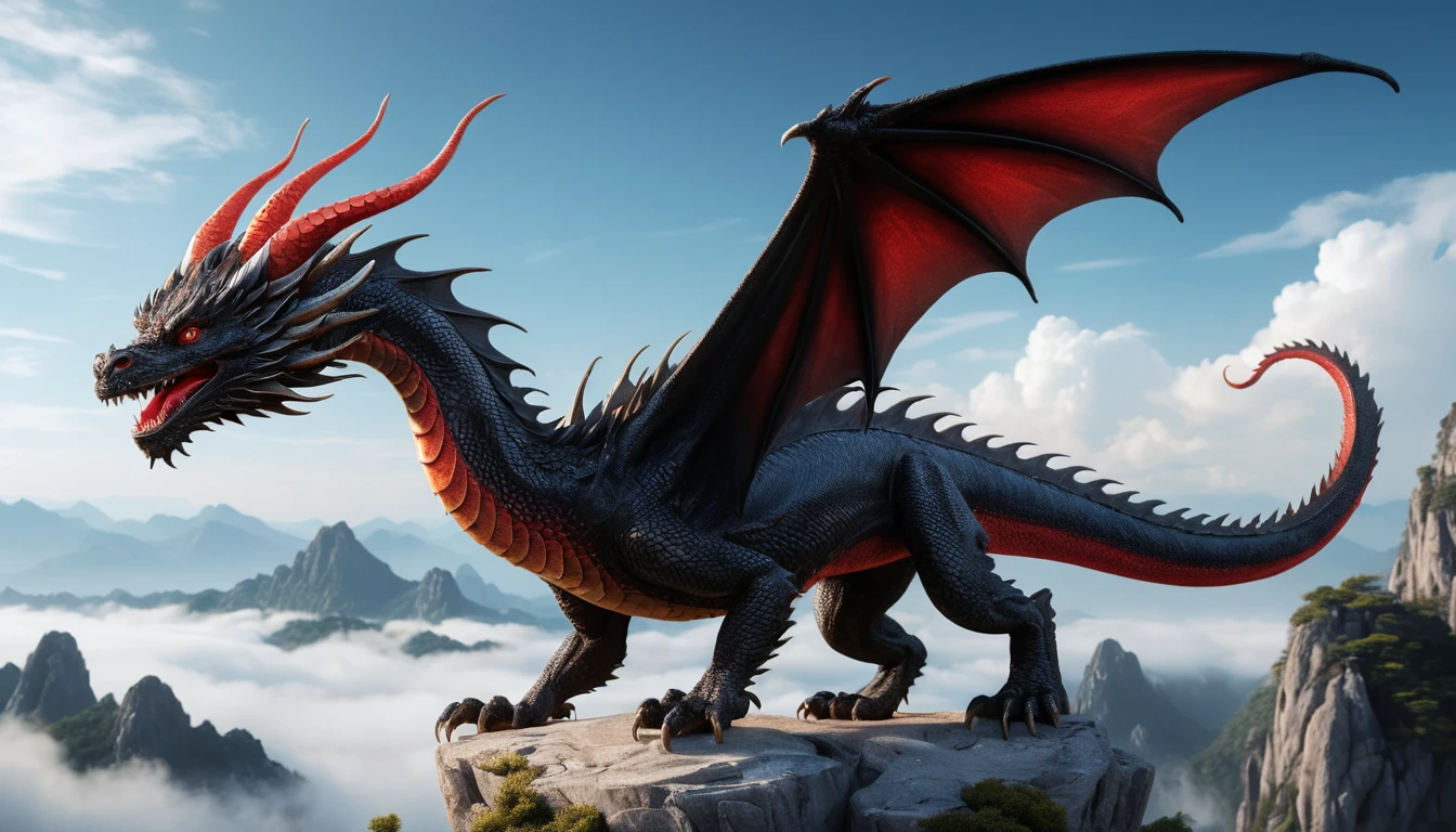 Majestic Chinese dragon soaring in a deep blue sky