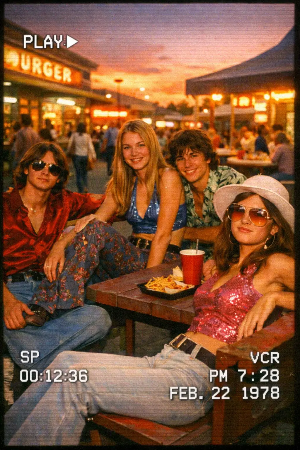 Adolescenti rilassati degli anni ’70 che si ritrovano in un food court al tramonto