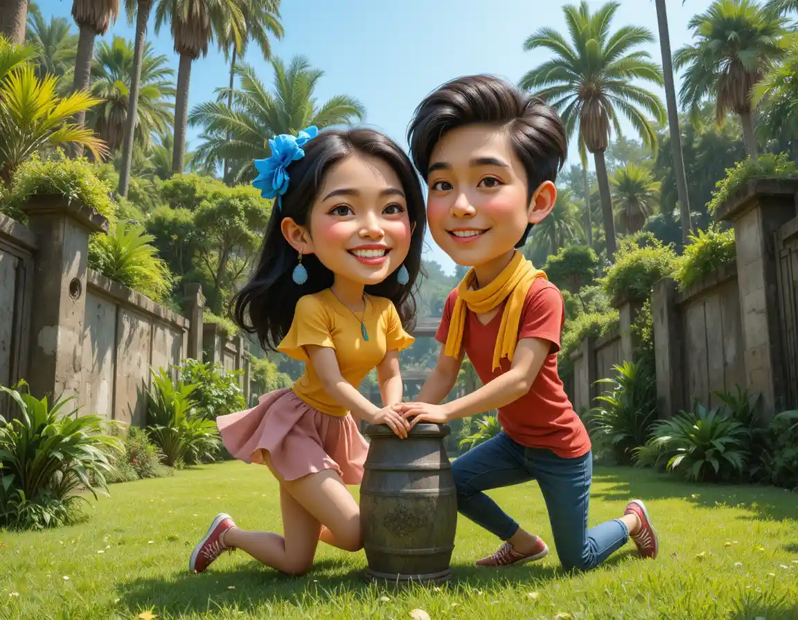 Joyful young asian friends in a sunny tropical park