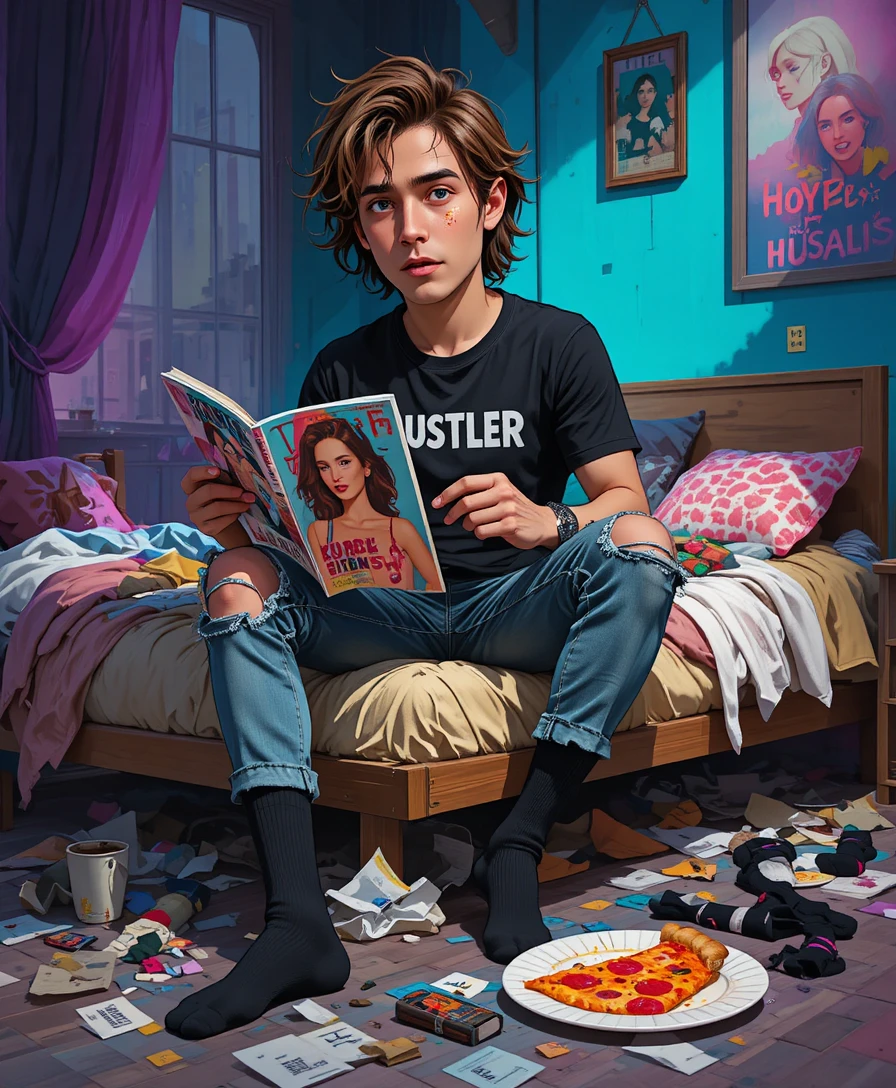 Ragazzo universitario spettinato che legge una rivista sul letto