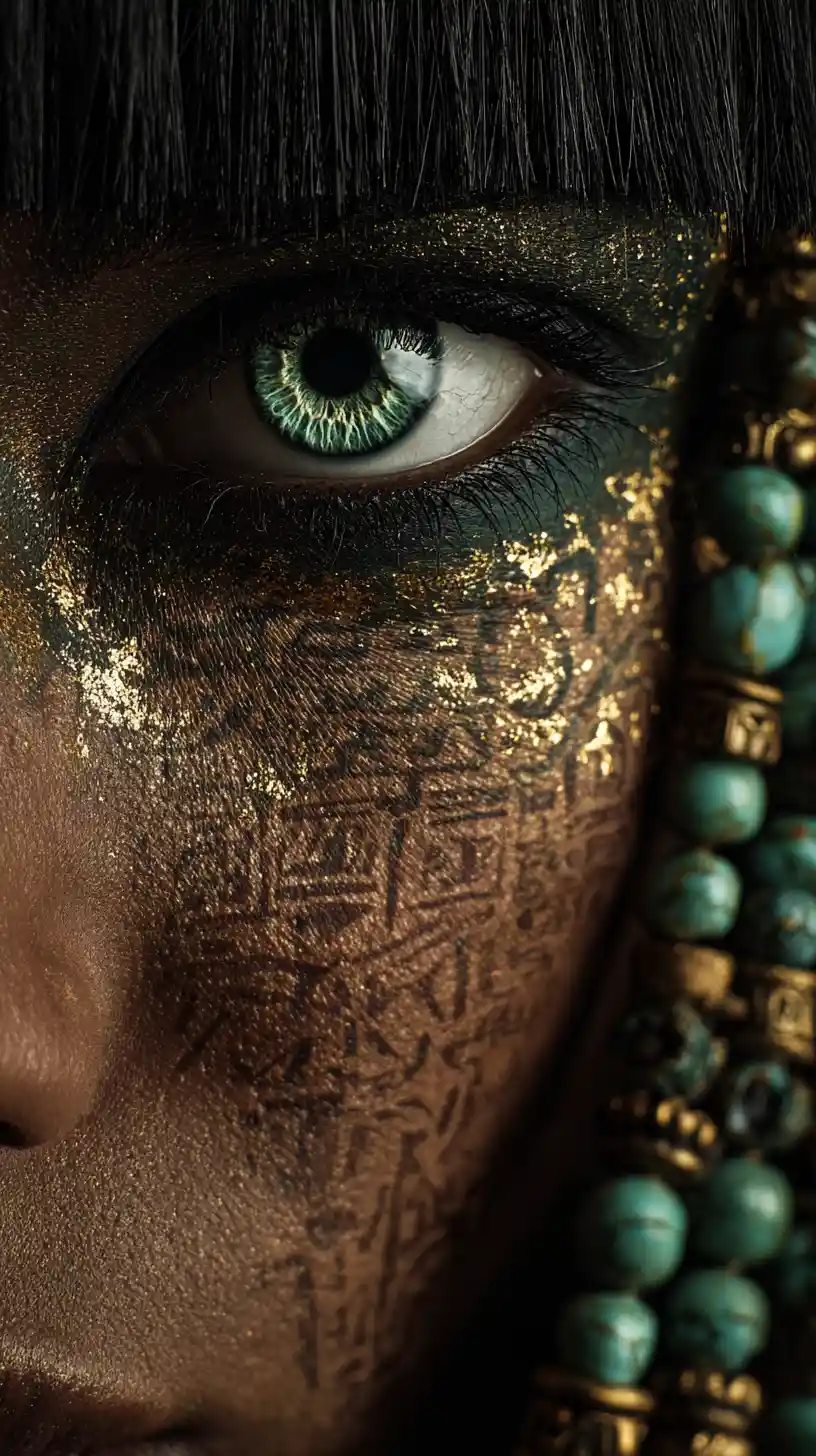 Macro portrait of an ancient Egyptian priestess with green eye