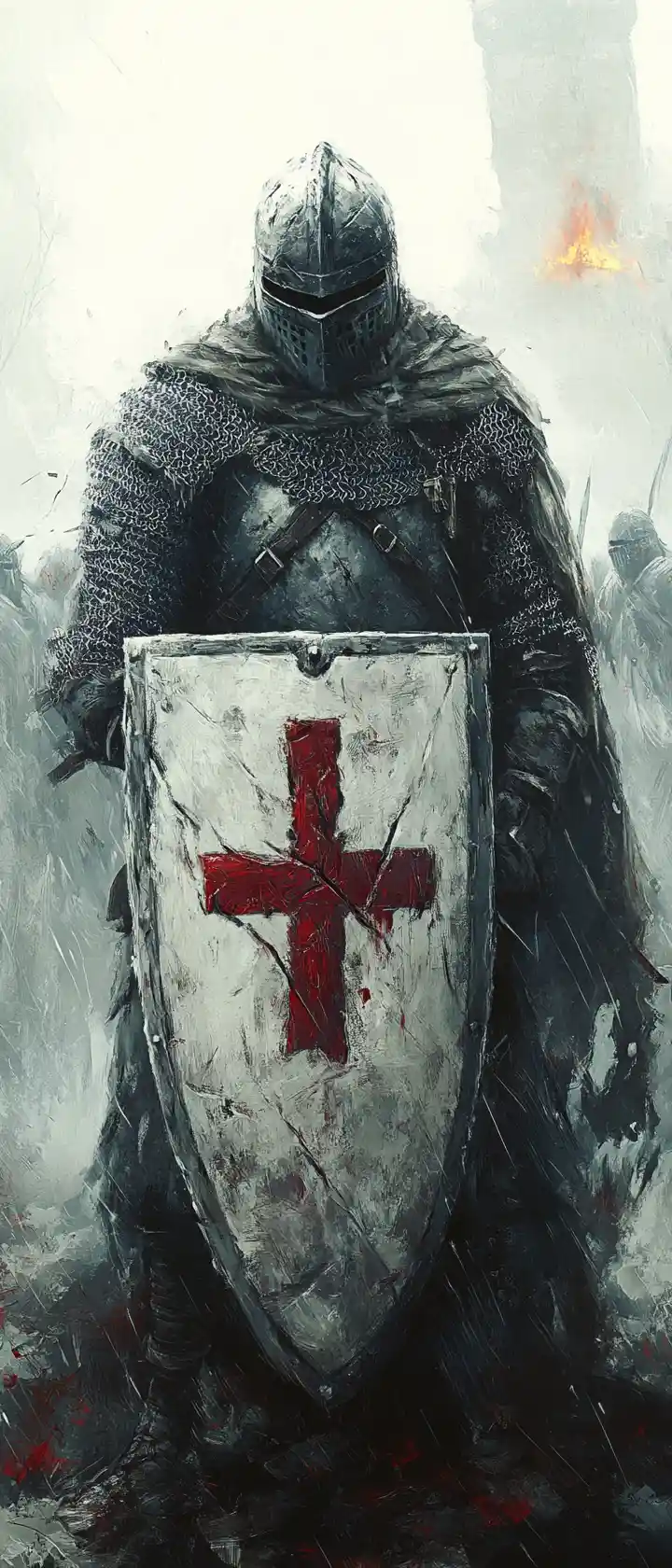 Cansado caballero templario apoyado en su escudo entre la densa niebla