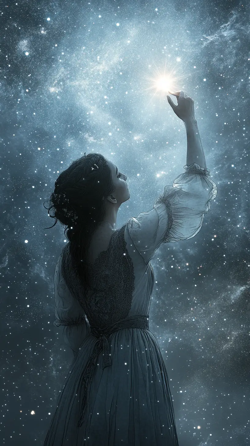 Mujer que alcanza una única estrella en un cielo inmenso