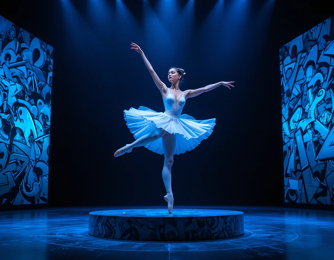 Bailarines de ballet, hombre y mujer, saltando en un escenario iluminado en azul