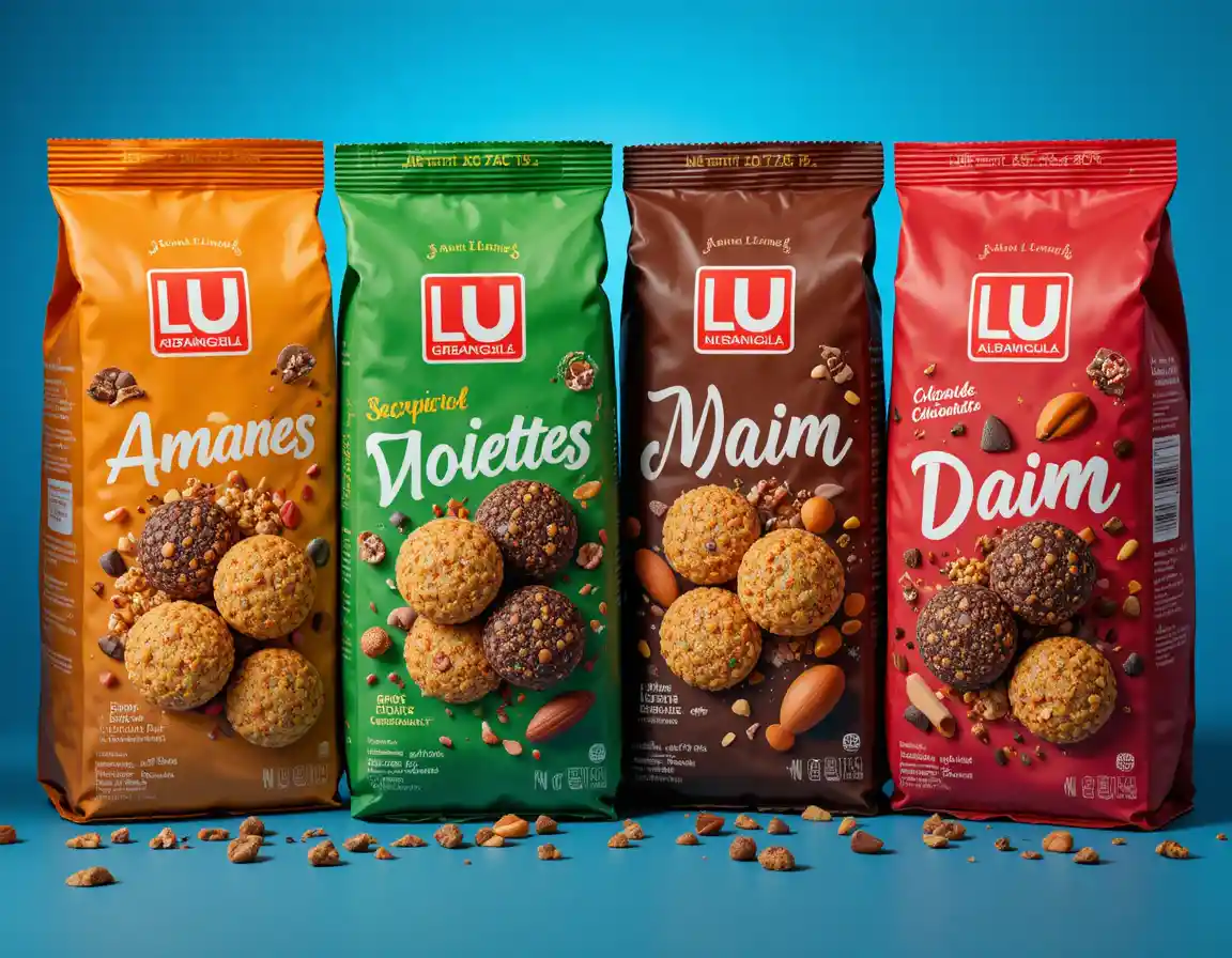 Packs assortis de biscuits au chocolat et aux noix sur fond bleu