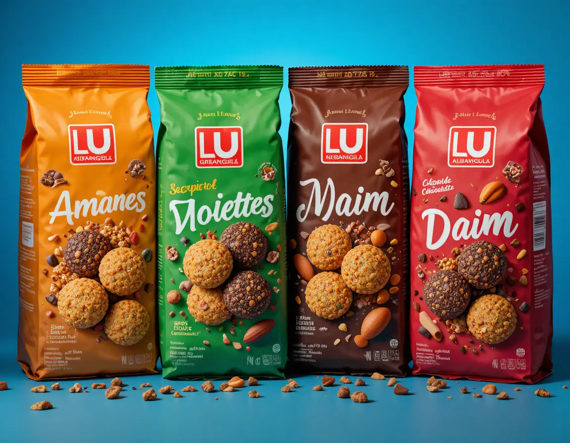 Packs assortis de biscuits au chocolat et aux noix sur fond bleu