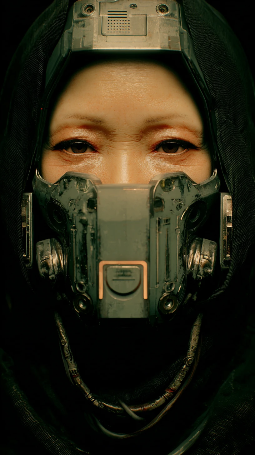 Cyberpunk-Porträt einer alten Frau mit mechanischem Hals