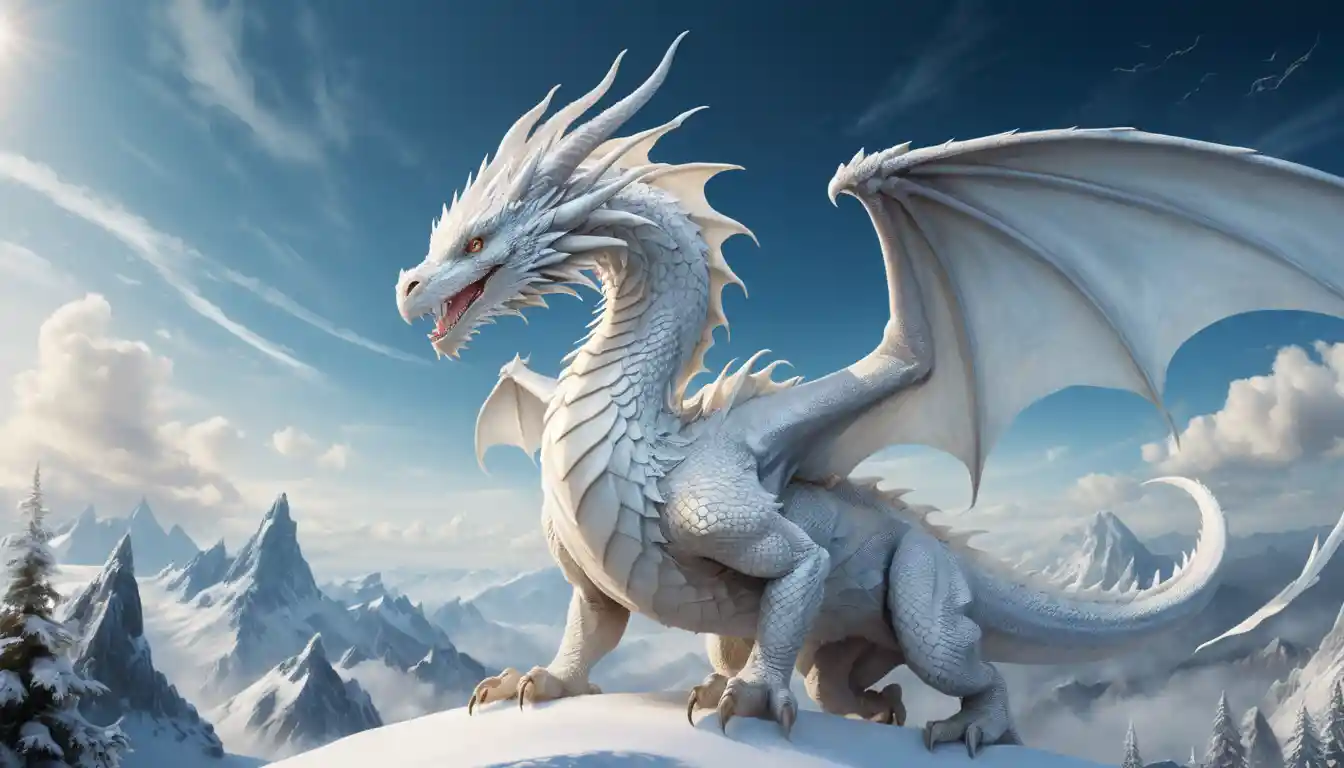 Drago bianco che sfreccia in un cielo di cristallo blu profondo