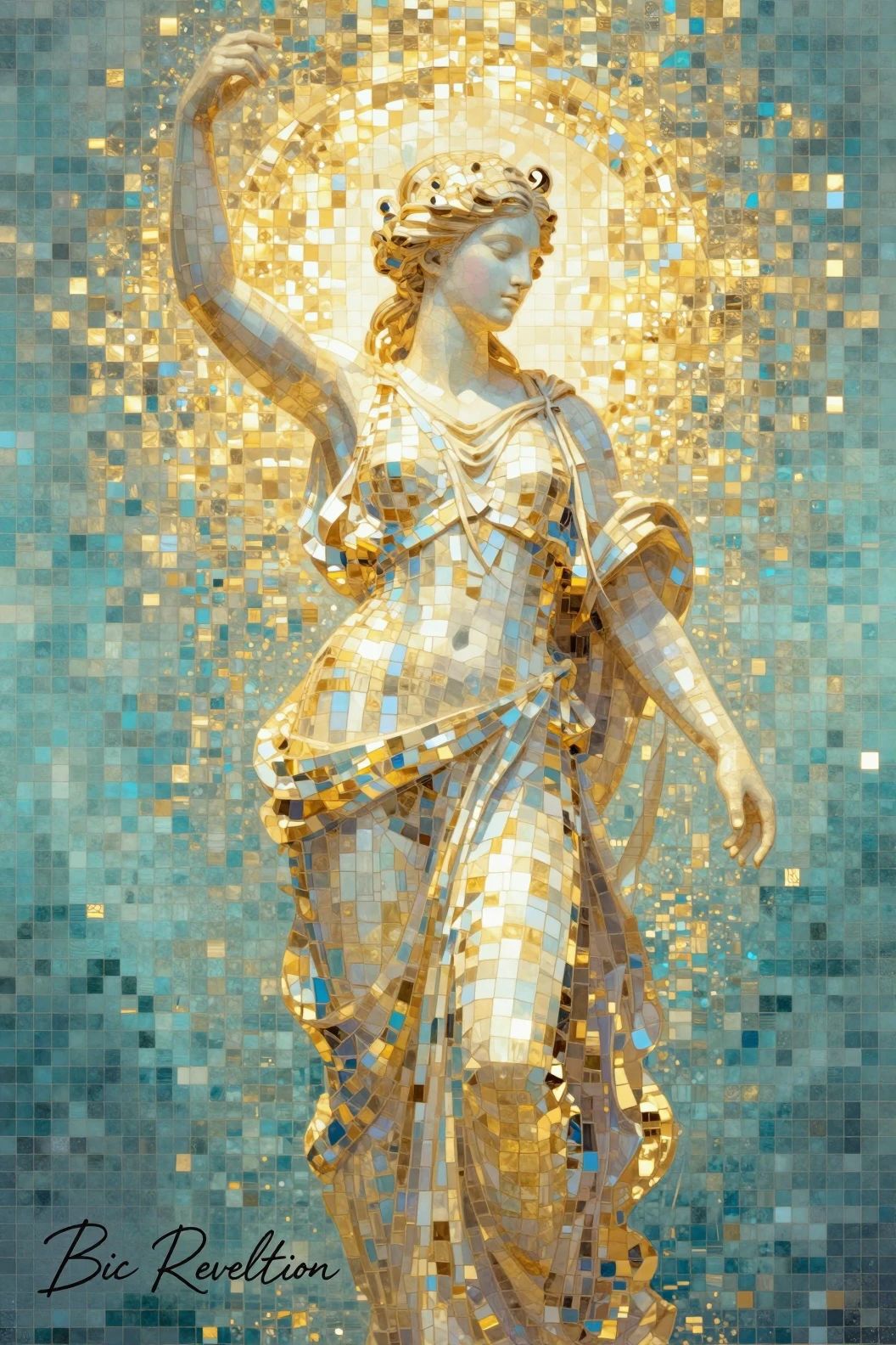 Digital mosaic portrait of a serene goddess rising from water