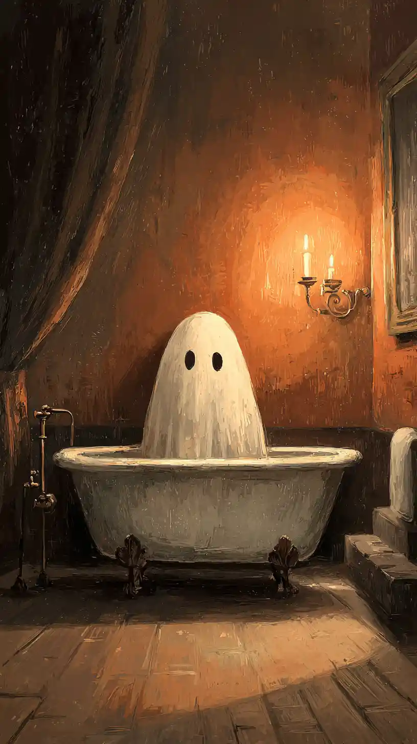 Minimalist ghost in a vintage clawfoot bathtub