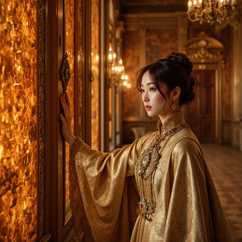 Femme coréenne désorientée en manteau impérial dans une salle ambrée
