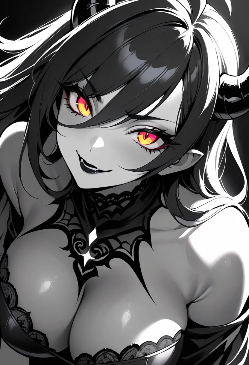 Gothic horned woman with glowing golden demon eyes