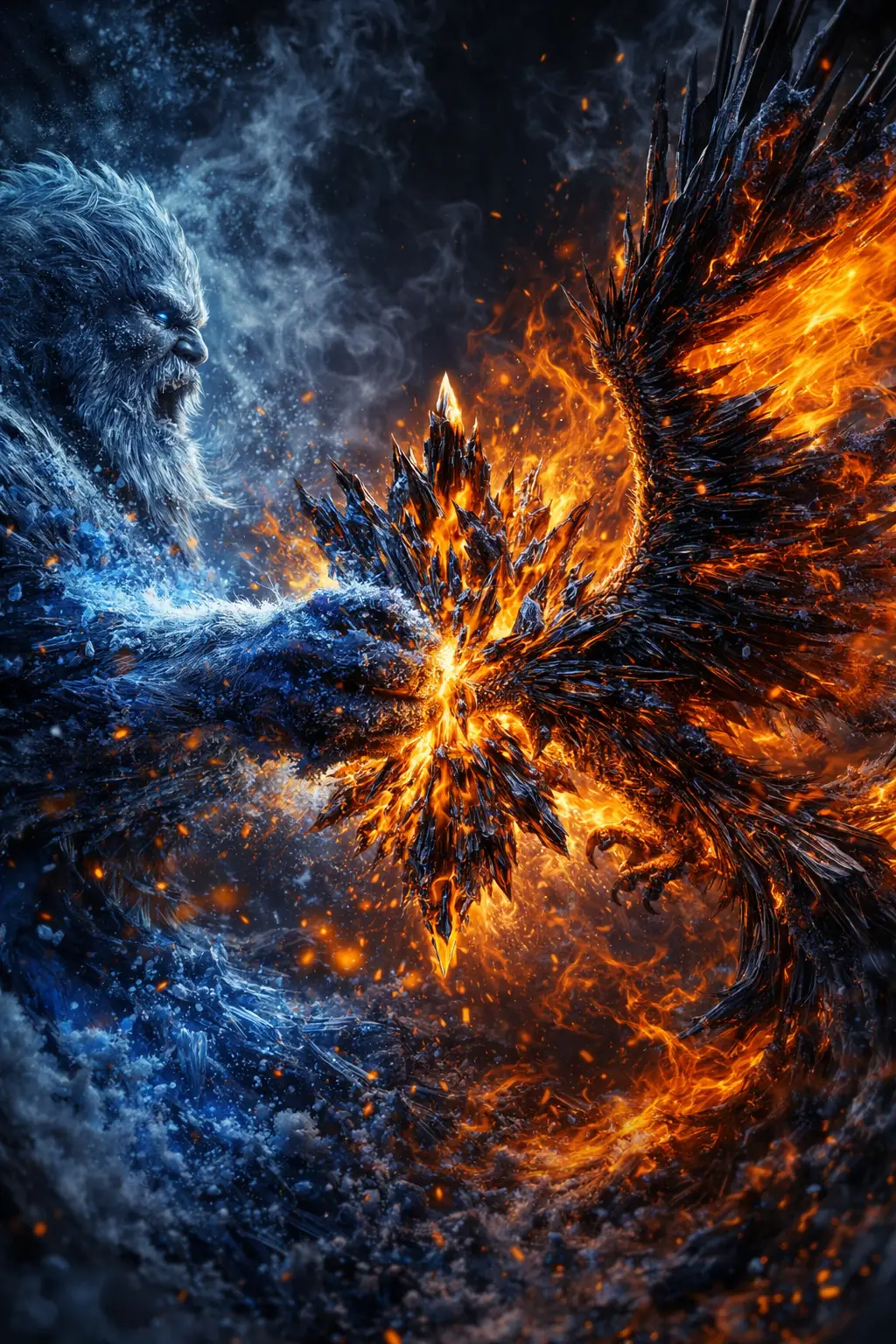 霜巨人與太陽鳳凰的元素激戰動態場景