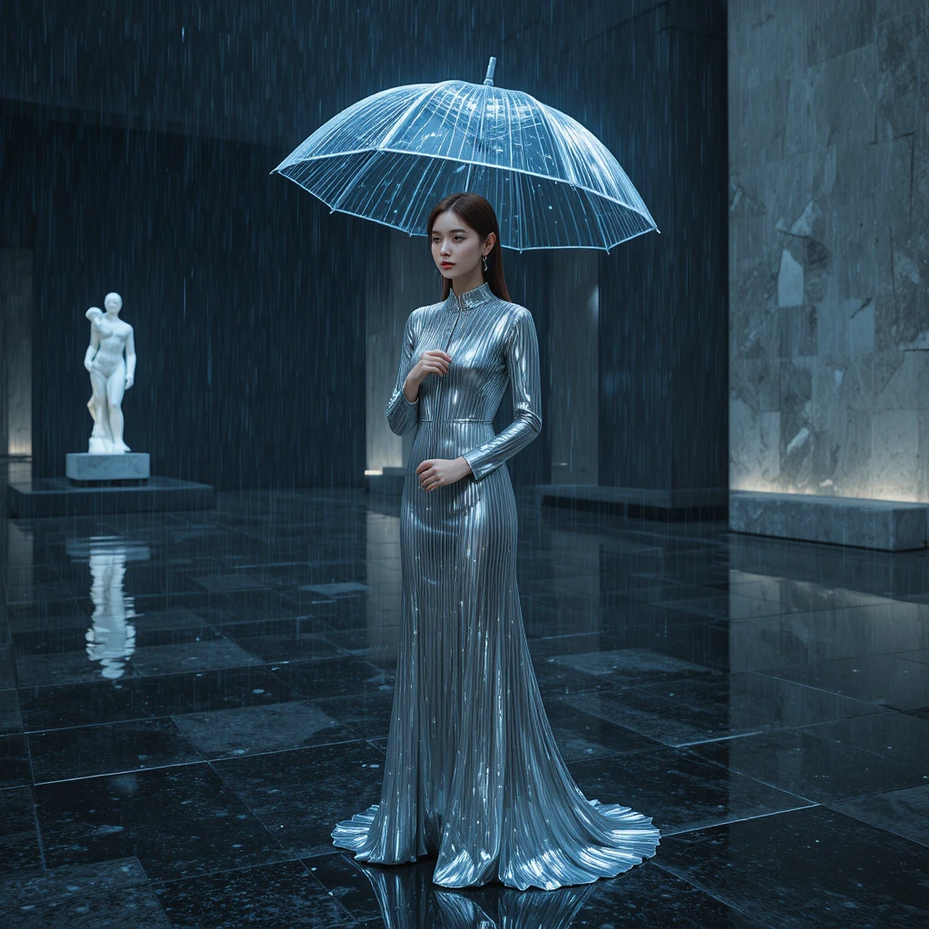 Korean woman in liquid silver gown under stormy night rain