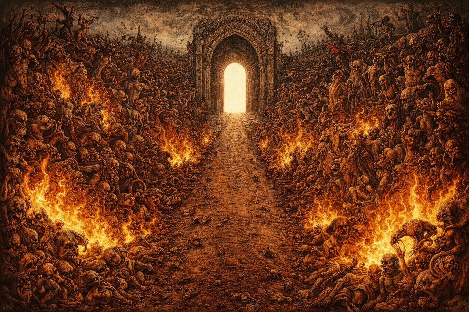 Mostri surreali fiancheggiano una strada infuocata verso un portale lontano