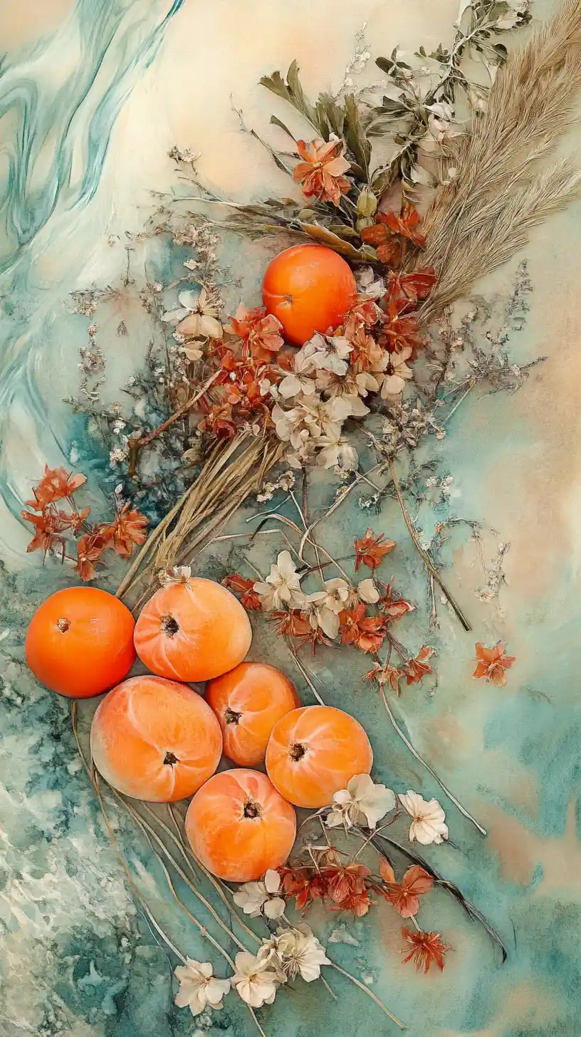 Watercolor still life with orange fruits and delicate blossoms