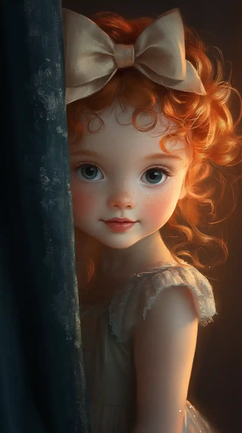 Curious red haired girl peeking from a velvet theater curtain