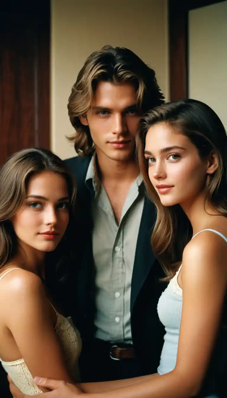Retrato romántico en interiores de un hombre y dos mujeres con estilo cinematográfico