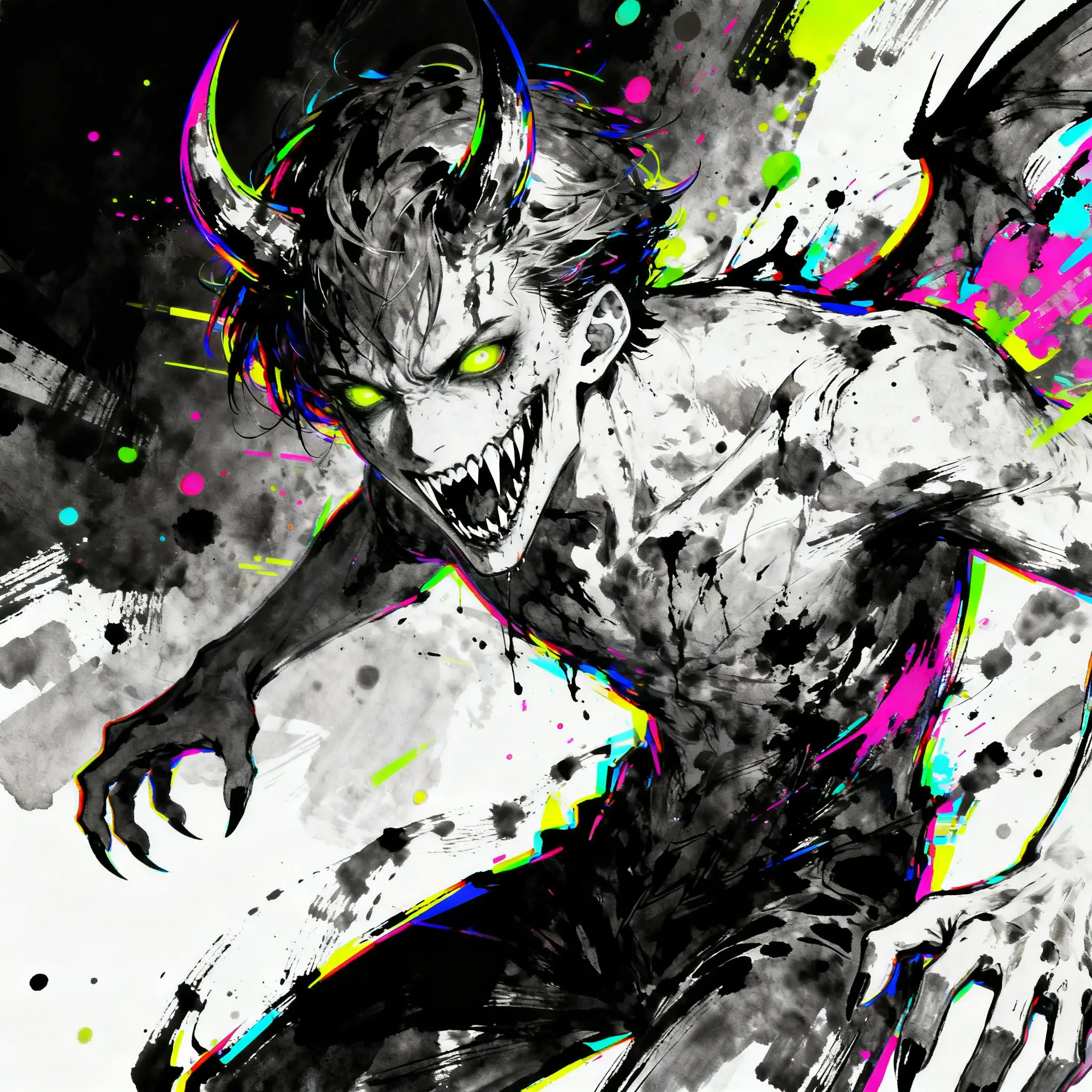 Uomo demoniaco in inchiostro horror monocromatico con schizzi al neon