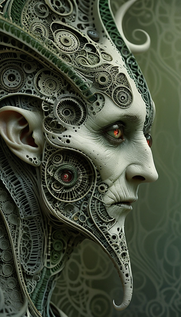Surreal biomechanical portrait of a horned humanoid creature