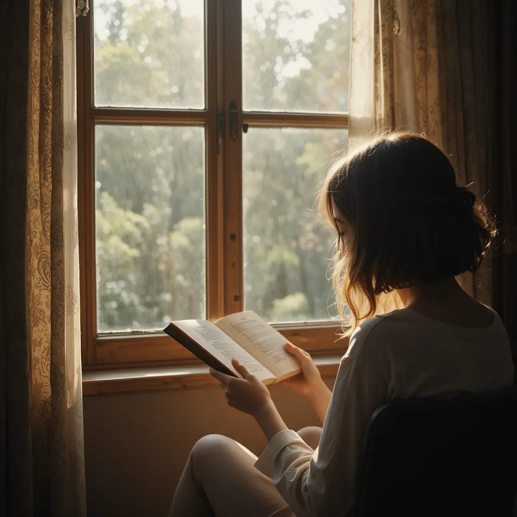 Girl sitting by a window with hands visible reading quietly