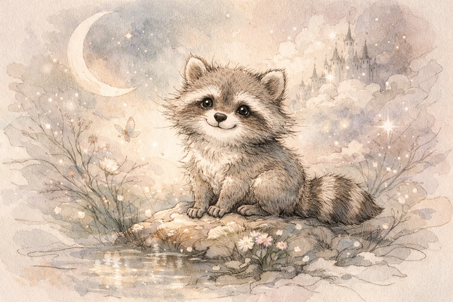 柔和粉彩描繪的微笑浣熊鋼筆淡彩插畫