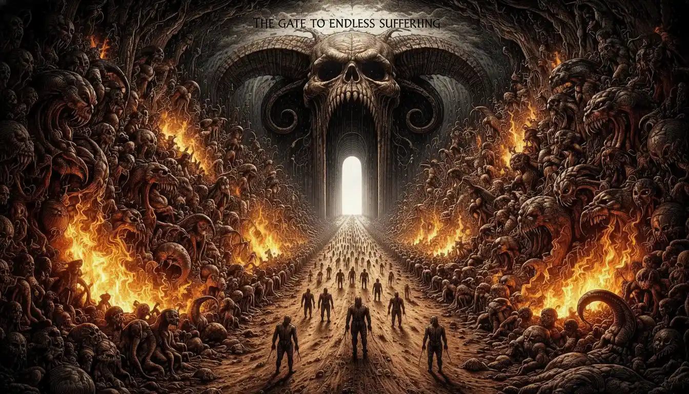 Surreal dirt road to a fiery gate of suffering